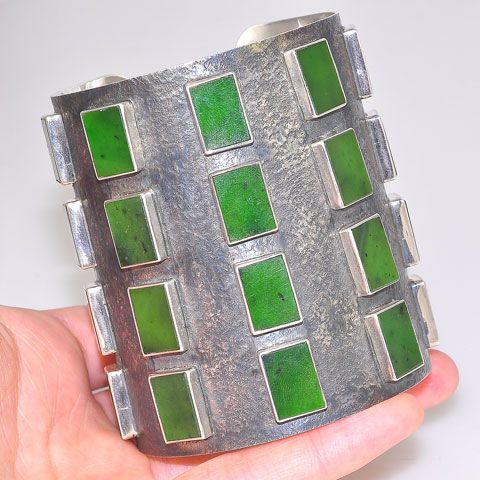 3-Inch Blackened Sterling Silver and Green Jade Cuff Bracelet