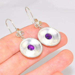 Sterling Silver India Amethyst and Citrine Gemstone Indented Medallion Earrings