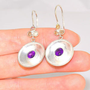Sterling Silver India Amethyst and Citrine Gemstone Indented Medallion Earrings