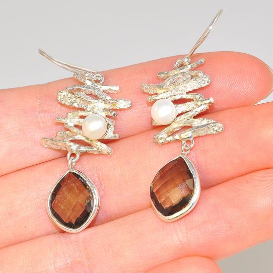 Sterling Silver Scattered Driftwood Freshwater Pearl and Smokey Quartz Dangling Earrings