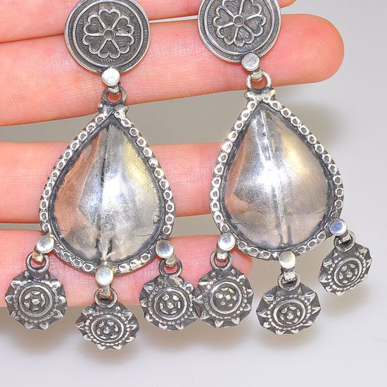 Sterling Silver Exotic Tibetan Teardrop Plate Stud Earrings