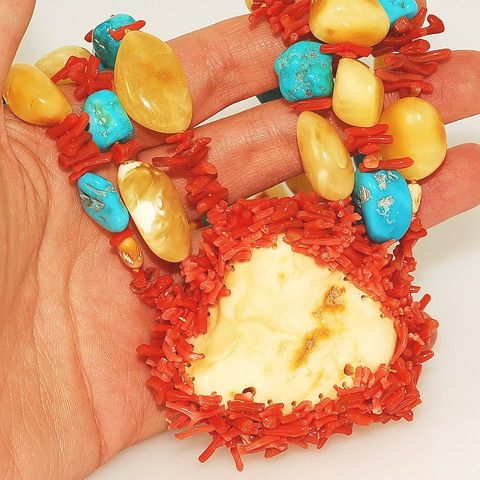 Baltic Butterscotch Amber, Turquoise Nugget, Red Coral 3-Strand Necklace