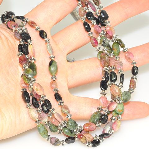 Sterling Silver 5-Strand Rainbow Tourmaline Necklace