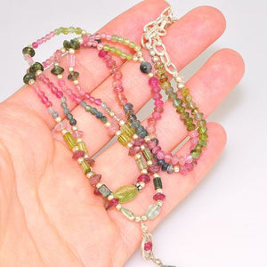 Sterling Silver Pink and Green Tourmaline Bead Drop Necklace