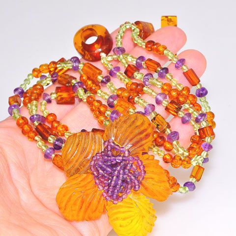 Baltic Honey Amber, Amethyst and Peridot Bead Flower Necklace