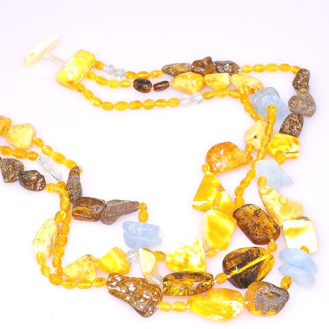 Baltic Butterscotch Amber, Baltic Honey Amber, Baltic Raw Amber and Aquamarine Toggle Necklace