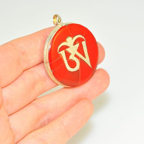Sterling Silver Red Coral Tibetan Om Medallion Pendant