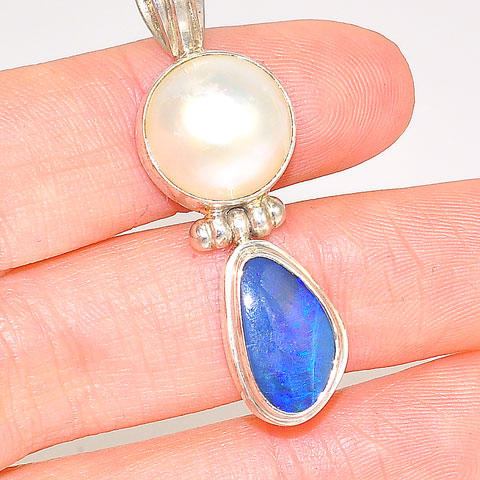 Sterling Silver White Mabe Pearl and Australian Opal Pendant