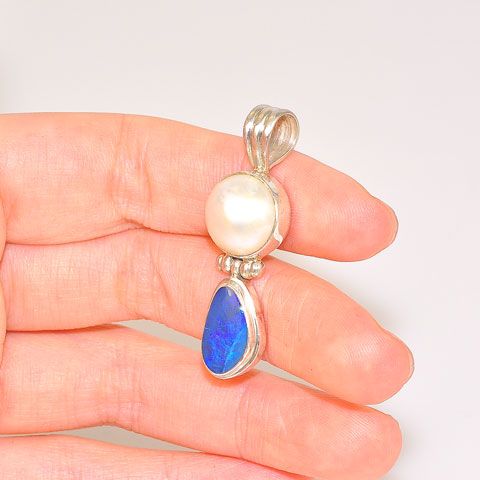 Sterling Silver White Mabe Pearl and Australian Opal Pendant