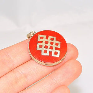 Sterling Silver Tibetan Coral Inlay Endless Knot Pendant
