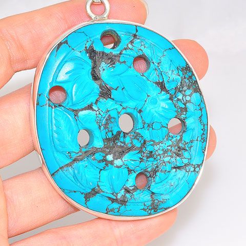 Sterling Silver Flower Carved and Punctured Turquoise Pendant