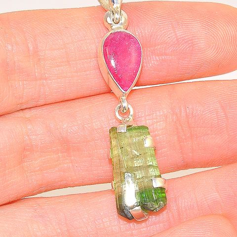 Sterling Silver 7.1-Carats Green Tourmaline Crystal and 1.9-Carats Pink Tourmaline Pendant