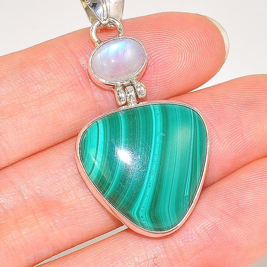 Sterling Silver Malachite and Moonstone Duo Pendant