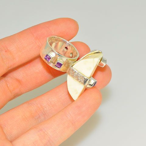 Sterling Silver Carved Mammoth Ivory and Amethyst Ring