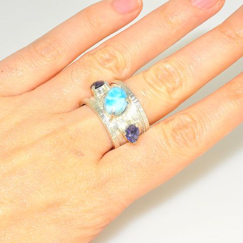 Sterling Silver Larimar and Iolite Trio Ring
