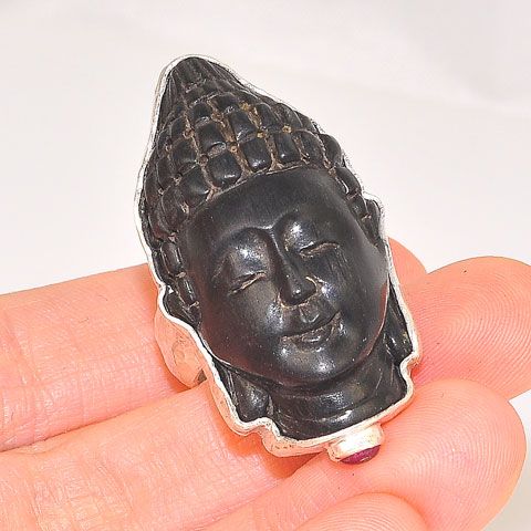 Sterling Silver Carved Wood Buddha Head and Ruby Bead Ring