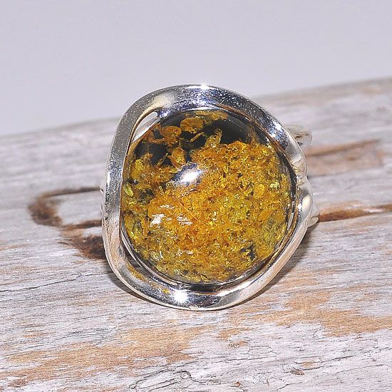 Sterling Silver Baltic Green Amber Button Ring