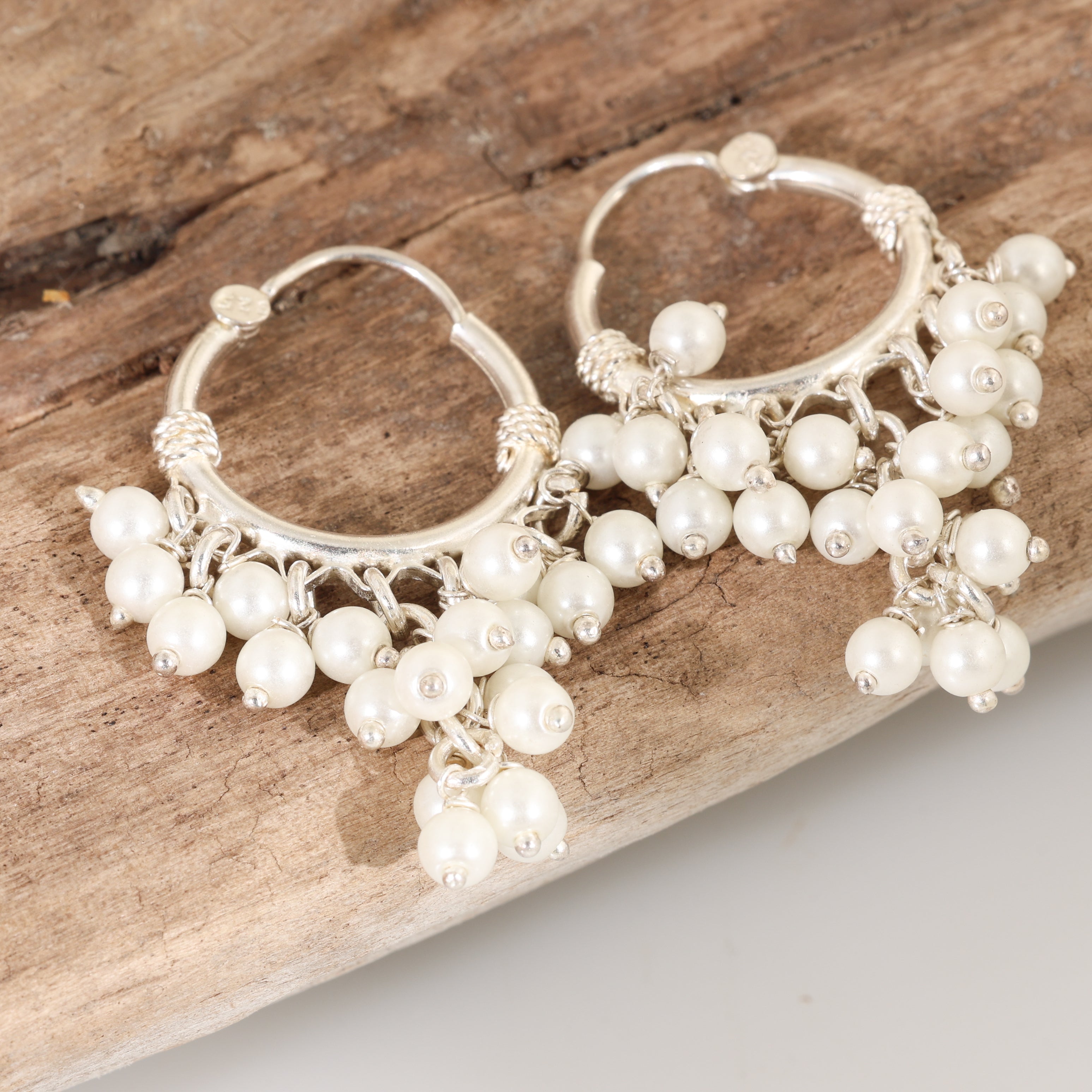 Sterling Silver White Freshwater Pearl Cluster Design BIG Hoop Earrings