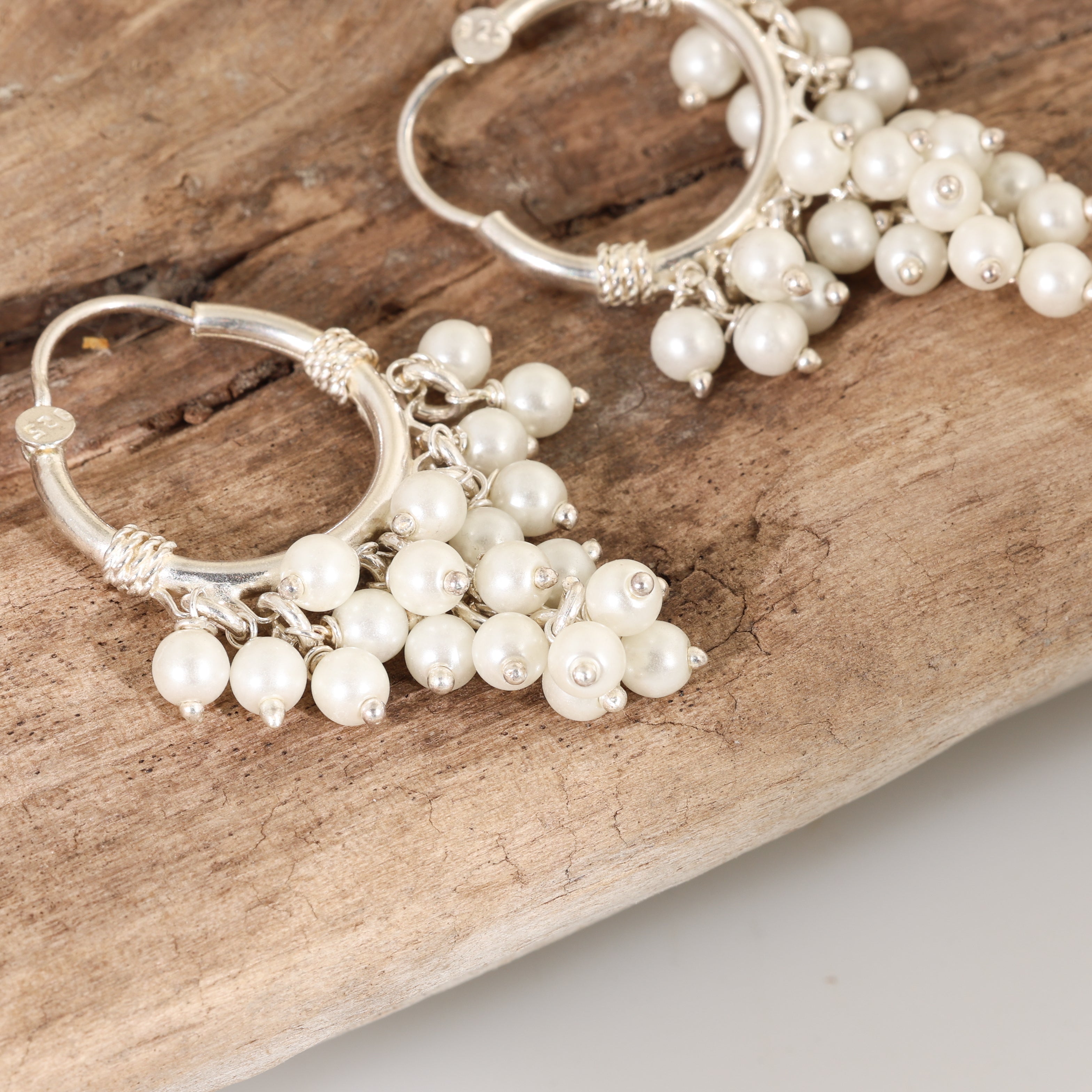 Sterling Silver White Freshwater Pearl Cluster Design BIG Hoop Earrings