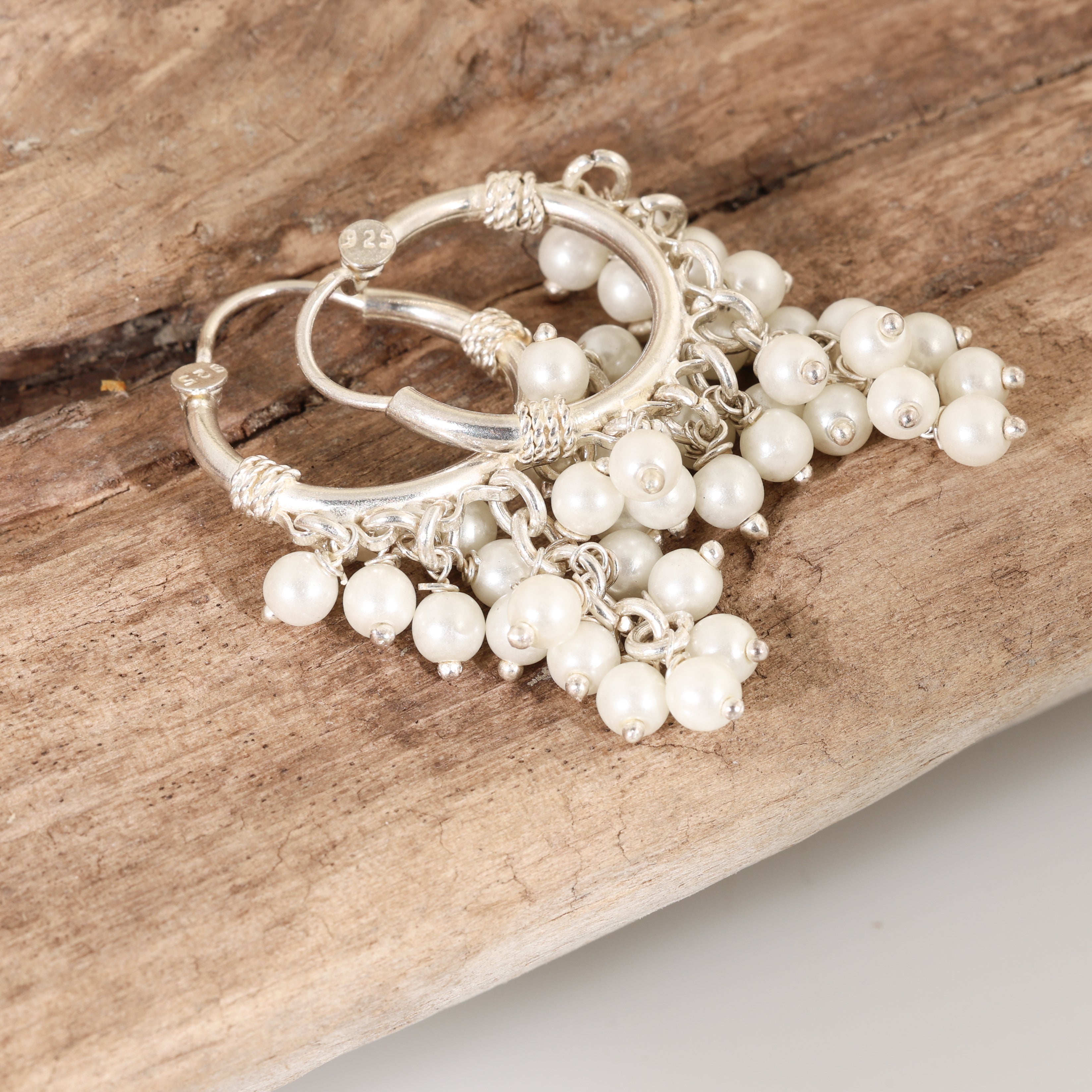 Sterling Silver White Freshwater Pearl Cluster Design BIG Hoop Earrings