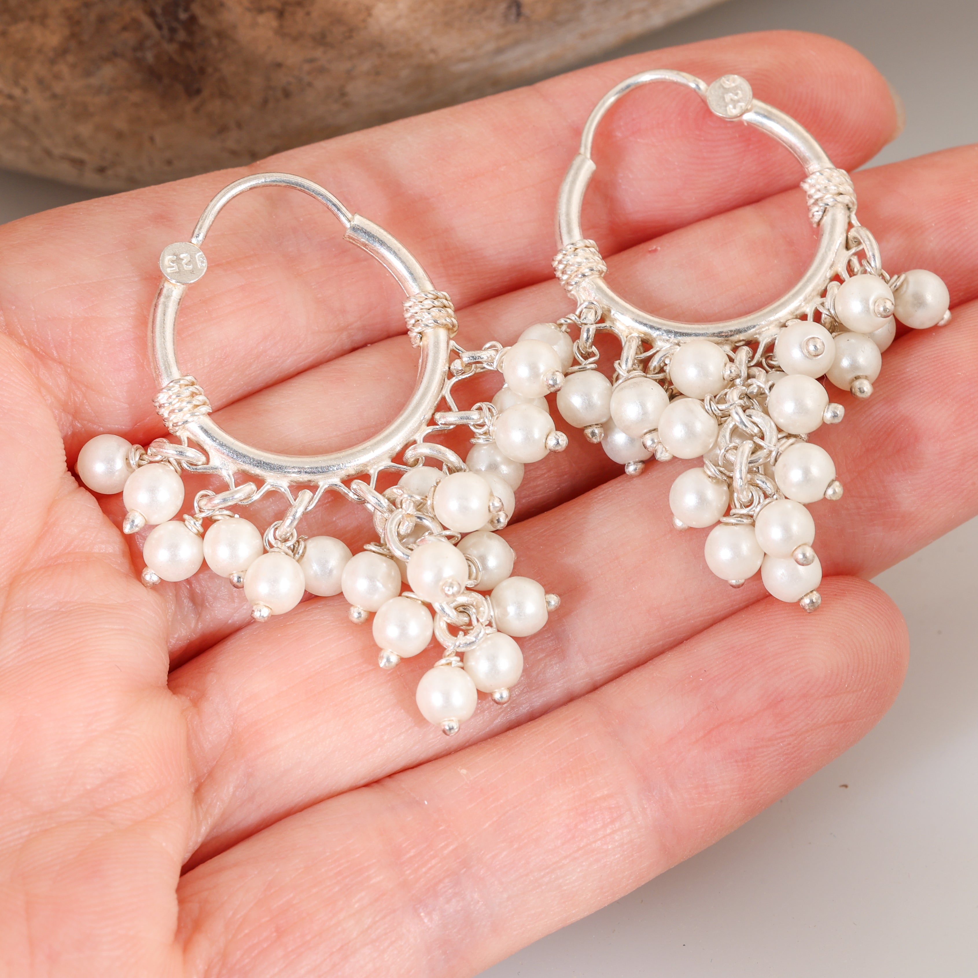 Sterling Silver White Freshwater Pearl Cluster Design BIG Hoop Earrings