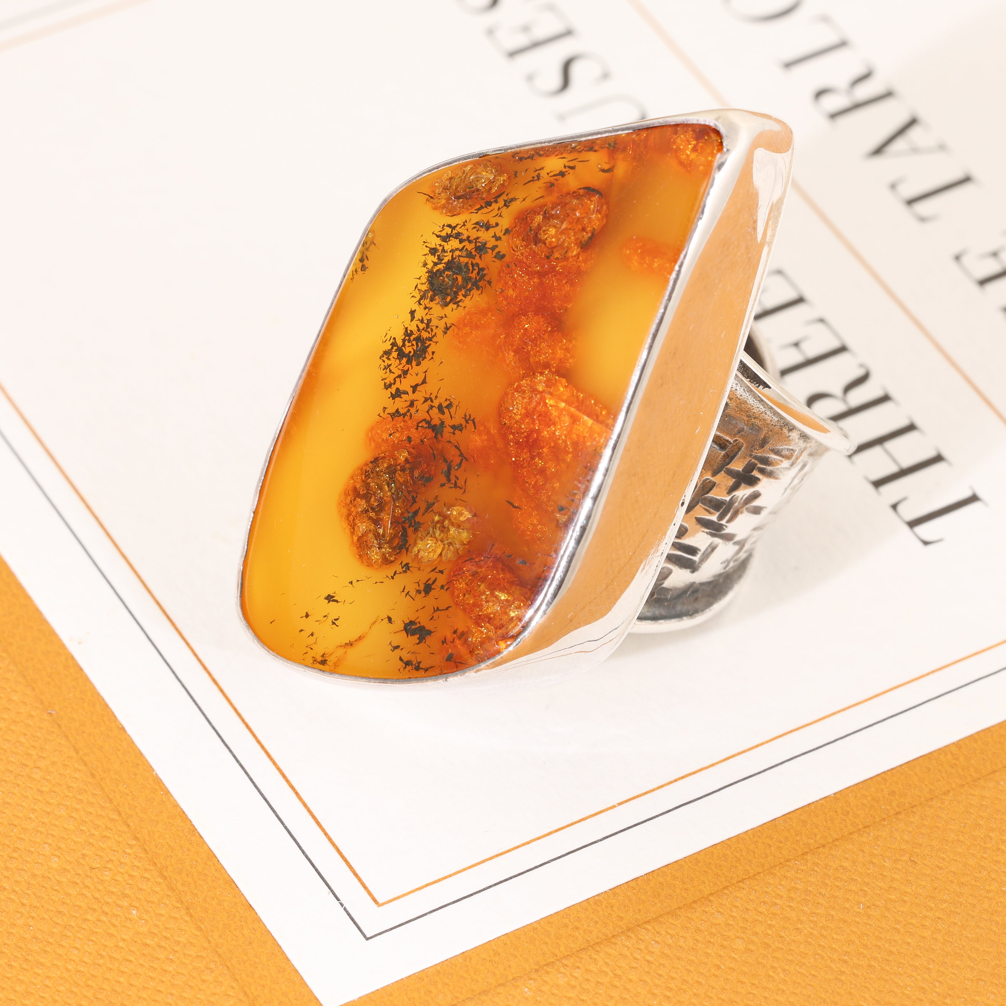 HUGE Sterling Silver Solid Baltic Honey Amber Ring SIZE (adjustable 7.5 to 9.5)