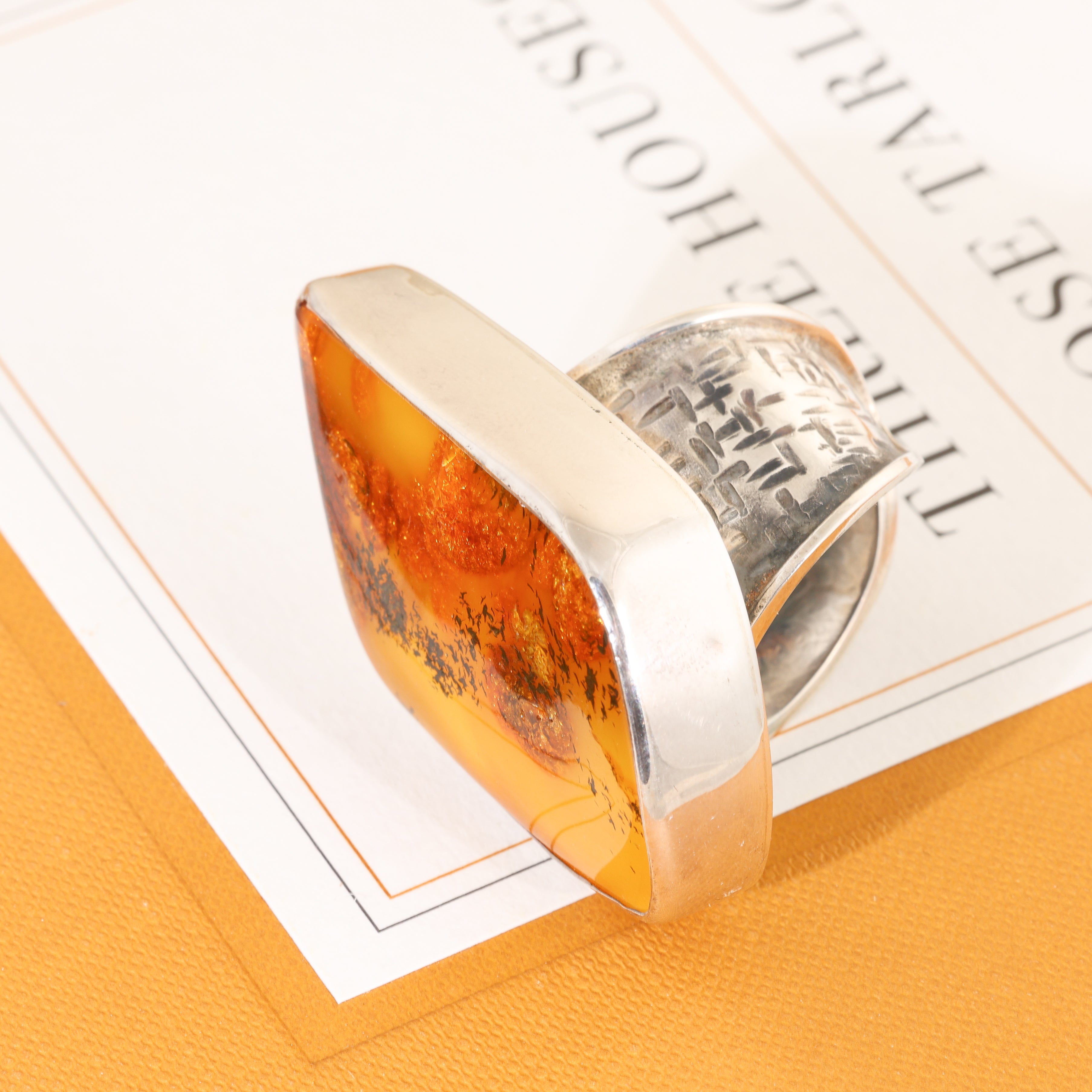 HUGE Sterling Silver Solid Baltic Honey Amber Ring SIZE (adjustable 7.5 to 9.5)