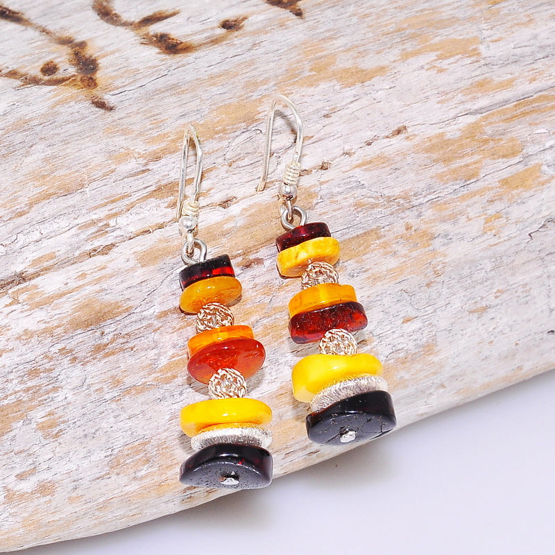 Sterling Silver Baltic Honey, Butterscotch and Cherry Amber Stacked Hook Earrings