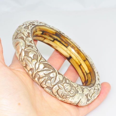 Sterling Silver and Bone Tibetan Animal Motif Cuff Bracelet