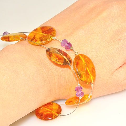 Sterling Silver Baltic Amber and Faceted Amethyst Bracelet