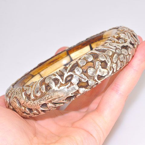 Sterling Silver Tibetan Dragon and Bone Bangle Bracelet