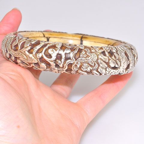 Sterling Silver Tibetan Dragon and Bone Bangle Bracelet
