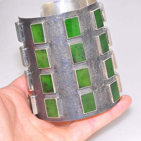 3-Inch Blackened Sterling Silver and Green Jade Cuff Bracelet
