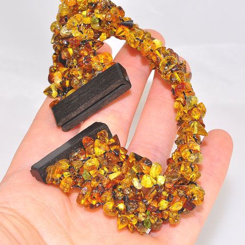 Baltic Honey Amber Chip Mesh Ebony Wood Inserting Box Clasp Bracelet