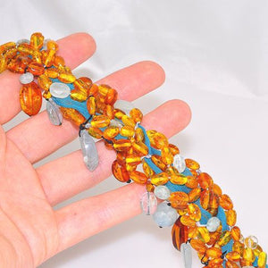 Baltic Honey Amber, Aquamarine and Turquoise Fabric Threaded Bracelet