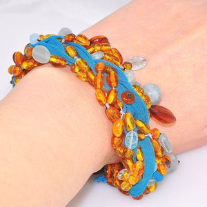 Baltic Honey Amber, Aquamarine and Turquoise Fabric Threaded Bracelet