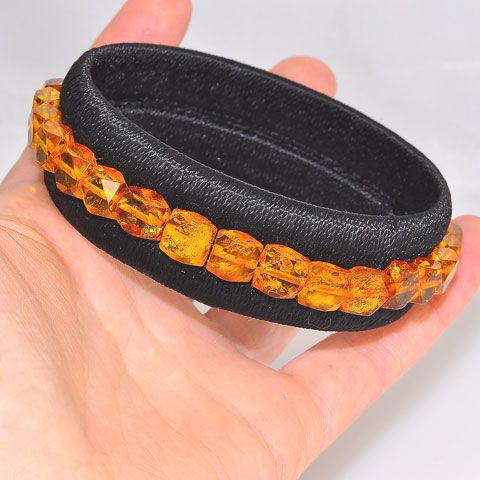 Baltic Honey Amber Beaded Fabric Wrap Cuff Bracelet