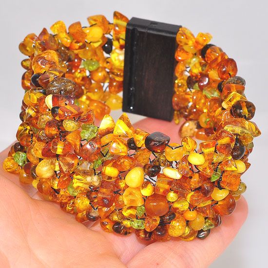 Ebony Wood Baltic Honey and Butterscotch Amber and Peridot Bead Mesh Bracelet