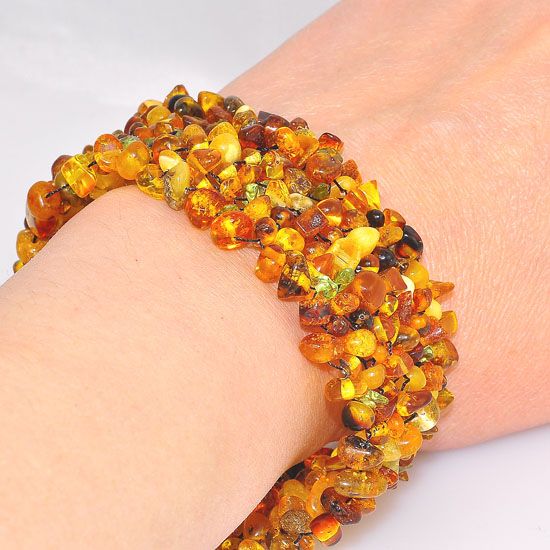 Ebony Wood Baltic Honey and Butterscotch Amber and Peridot Bead Mesh Bracelet