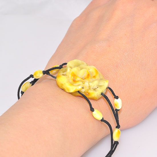 Baltic Butterscotch Amber Flower and Black Twine Bracelet