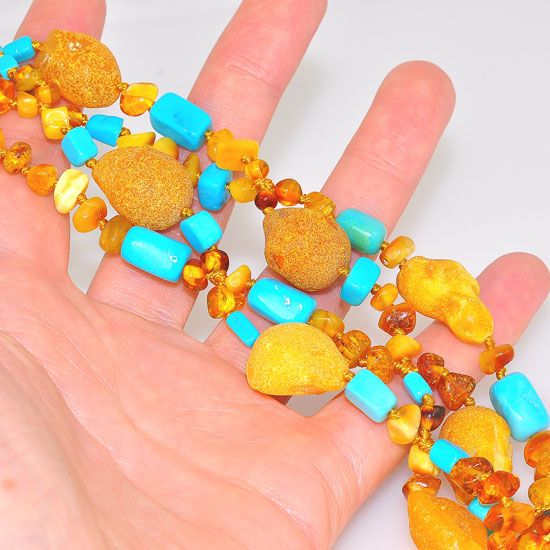 Baltic Butterscotch Raw Amber Nuggets and Beads with Sleeping Beauty Turquoise Beaded Bracelet