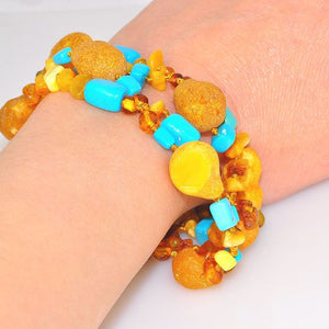 Baltic Butterscotch Raw Amber Nuggets and Beads with Sleeping Beauty Turquoise Beaded Bracelet