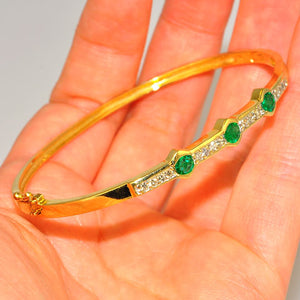 0.3 CT Diamond, 1.35 CT Emerald, 14K Solid Yellow Gold Cuff Bracelet