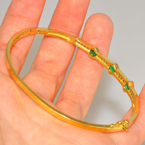 0.3 CT Diamond, 1.35 CT Emerald, 14K Solid Yellow Gold Cuff Bracelet