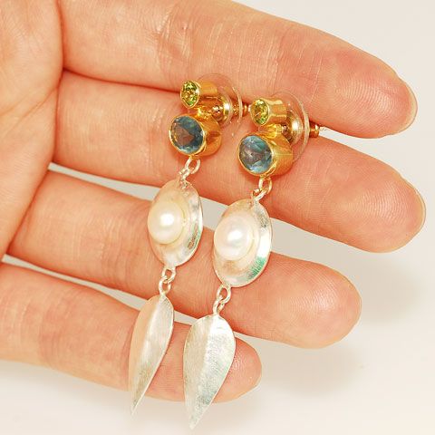 22 K Gold Vermeil and Sterling Silver Blue Topaz, Peridot and Pearl Earrings