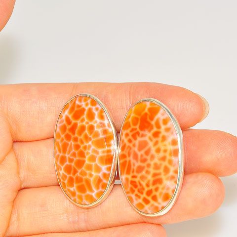 Sterling Silver Faceted Fire Agate Oval Clip-On Earrings