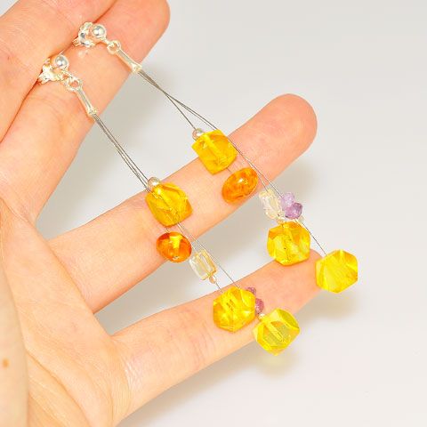 Sterling Silver Baltic Honey Amber, Quartz and Amethyst Earrings