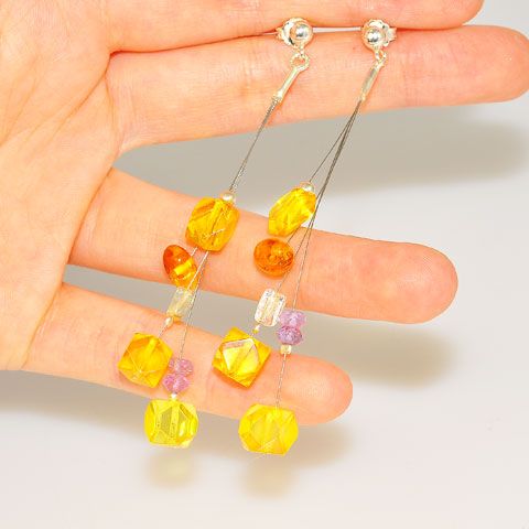 Sterling Silver Baltic Honey Amber, Quartz and Amethyst Earrings