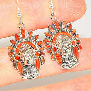 Native American Sterling Silver Red Coral Zuni-Made Head Dress Earrings