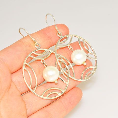 Sterling Silver White Pearl Circle Earrings